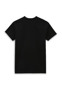 Camiseta negra de manga corta, diseño de cuello redondo, textura suave, tela lisa, sin logotipos ni patrones visibles, vista trasera mostrada.