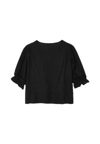 Blusa nera con vestibilità rilassata, maniche a palloncino corte, tessuto testurizzato e dettagli arricciati ai bordi delle maniche e nelle cuciture posteriori.