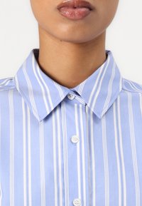 Close-up of a person’s lower face and neck wearing a light blue and white vertically striped button-up shirt with a pointed collar.