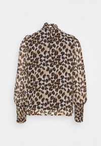 Leopardenmuster-Bluse mit langen, puffigen Ärmeln, gesmokten Manschetten und einem hohen Kragen. Hergestellt aus leichtem, durchscheinendem Material in Erdtönen.