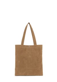 Borsa tote in suede marrone con due manici, dal design semplice e chiusura a scatto nella parte superiore. Texture liscia senza ulteriori decorazioni.