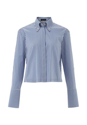 Gekürzte Hemdjacke mit langen Ärmeln, die aus blauen und weißen vertikalen Streifen besteht, klassischem Kragen und kontrastierenden Manschettendetails.