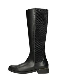 Czarne botki do kolan z gładkim skórzanym noskiem i piętą, pokryte teksturowanym, tkanym materiałem, wykończone złotym akcentem na pięcie.