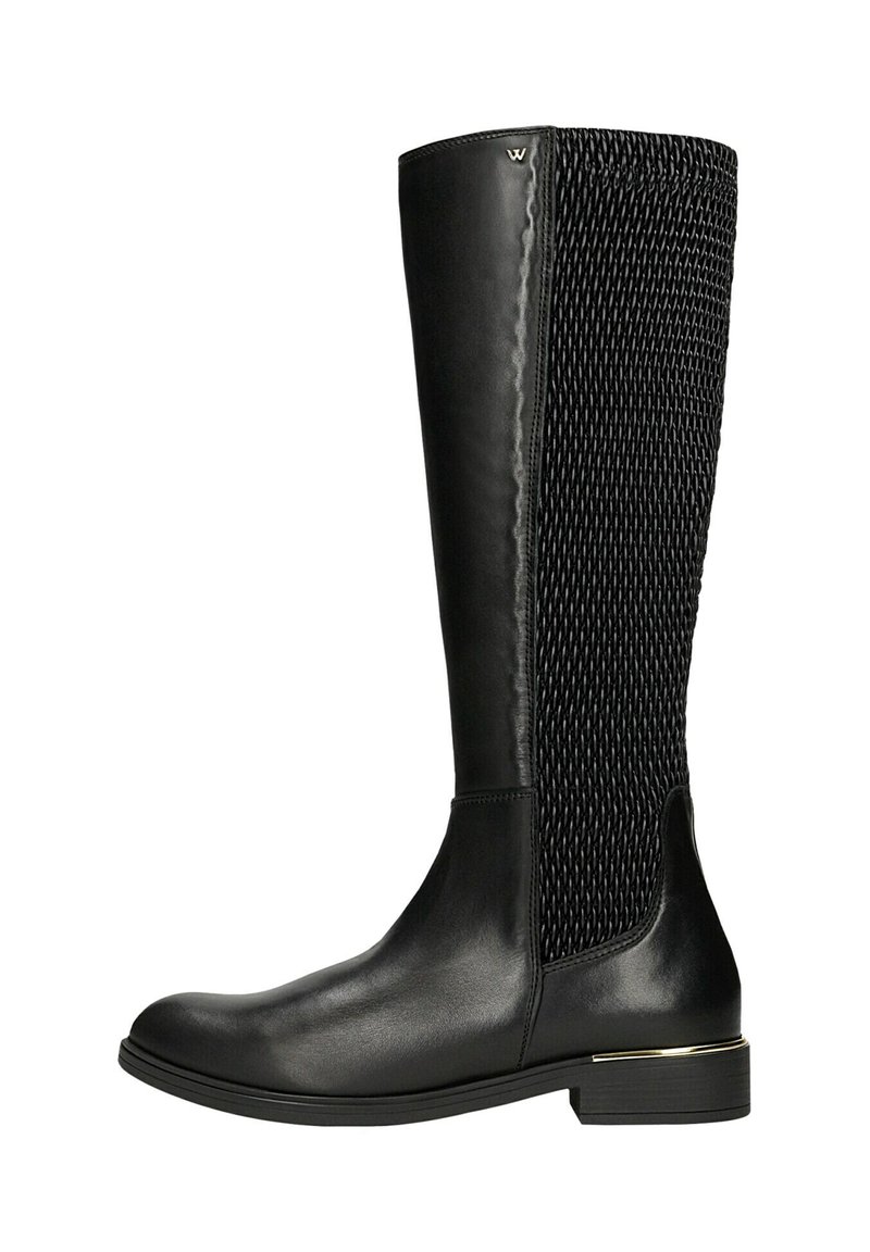 Czarne botki do kolan z gładkim skórzanym noskiem i piętą, pokryte teksturowanym, tkanym materiałem, wykończone złotym akcentem na pięcie.