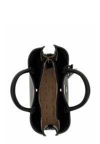 Schwarze Handtasche aus genarbtem Leder mit zwei Griffen, Reißverschluss und beigem Innenfutter mit wiederholtem Markenlogo-Muster.