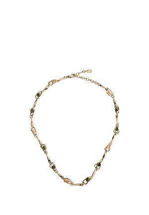 Colier de lanț din aur cu zale alternante având mici inserturi de email texturat în nuanțe de verde, roz și maro și un închizător reglabil.