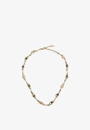 Zlatý náhrdelník s retiazkou s striedavými článkami, ktoré obsahujú malé zelené, ružové a hnedé textúrované smaltové vložky a nastaviteľné zapínanie.
