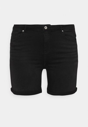Sorte denimshorts med tætsiddende design, opsmøget kant, fem-lommekonstruktion og metalknaplukning. Glat tekstur uden synlige mønstre.