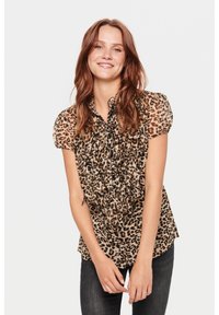 Leopardenmuster-Bluse mit kurzen, rüschierten Ärmeln, hellbraunem Grund und schwarzen Flecken. Verfügt über eine knopffront und aus weichem, leichtem Stoff.