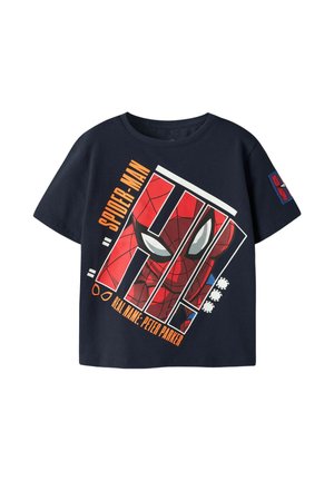 Navy blue kids' t-shirt with large Spider-Man face graphic, orange "Spider-Man" text, and "Real Name: Peter Parker" on front, plus spider emblem on sleeve.