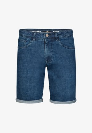 Denimové šortky středně modré barvy s ohrnutým lemem. Mají klasický pětikapsový design a jemnou texturu, vyrobené z měkké, odolné látky.