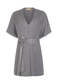Grå, kortärmad bälte cardigan med V-ringning, tillverkad av ett texturerat, glittrande stickat tyg. Har stängning med frontknut.