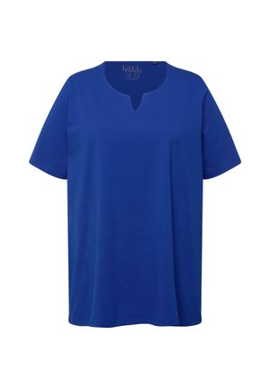 Blaues T-Shirt mit kurzen Ärmeln aus weichem Stoff, mit einem runden Ausschnitt und einem kleinen V-Ausschnitt sowie einer lockeren, lässigen Passform.