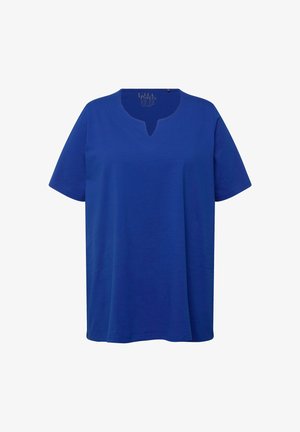 Blaues T-Shirt mit kurzen Ärmeln aus weichem Stoff, mit einem runden Ausschnitt und einem kleinen V-Ausschnitt sowie einer lockeren, lässigen Passform.