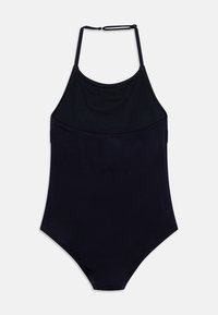Svart one-piece badedrakt med halterneck, mykt stoff, samlet frontdetalj og en glatt tekstur; har klassisk snitt og minimal maskinvare.