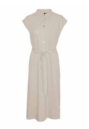 Robe chemise beige à manches courtes avec boutons sur le devant, poche poitrine et ceinture à nouer à la taille, longueur midi.