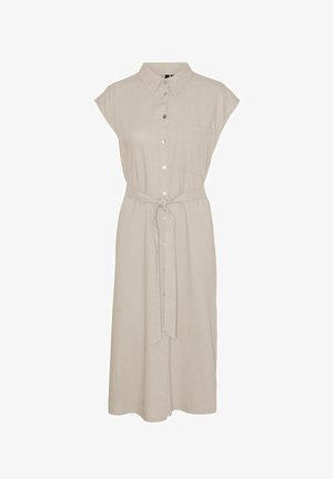 Beige skjortekjole med korte ermer, frontknapper, brystlomme og belte i midjen, midilengde.