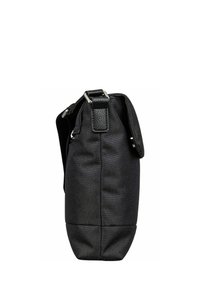 Schwarze Stofftasche mit strukturierter Form, ausgestattet mit einem Ledergriff und metallischen Beschlägen. Die Oberfläche hat eine glatte Textur und ein minimalistisches Design.