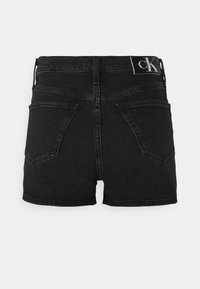 Black denim shorts with a high waist, featuring a CK logo tag, two back pockets, and a classic cut with minimal stitching details.