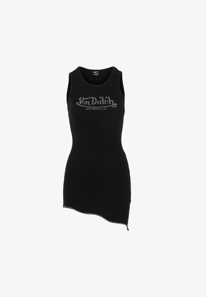 Melna bez Piedurknēm kleita ar pieguļošu formu, ar izliekta apakšmalu un sudraba strausa akmens logotipu priekšpusē. Izgatavota no gludas, stiepjamas auduma.