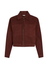 Corduroy jacket in deep red, featuring long sleeves, pointed collar, two front pockets, and a central zipper with a circular pull.