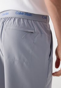 Grå trening shorts med elastisk midje med blå "Calvin Klein" logo. Inkluderer en baklomme og glatt stofftekstur.