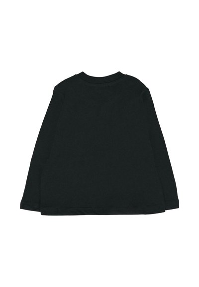 Zwarte lange mouwen crewneck shirt plat gelegd met de achterkant zichtbaar, gemaakt van een zachte, effen stof.