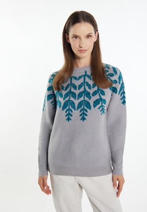 Grau gestrickter Pullover mit einem Blattmuster in Teal. Das Design erstreckt sich über die Schultern und die Brust, hat einen Rundhalsauschnitt und gerippte Bündchen.