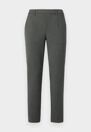 Dark green trousers with a tailored fit, featuring two side pockets, a zip fly, and pleat details for structured design.