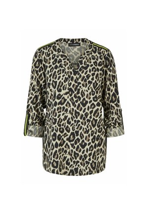 Blouse met lange mouwen met luipaardprint, opgerolde mouwen, V-halslijn en groene strepen op de schouders.