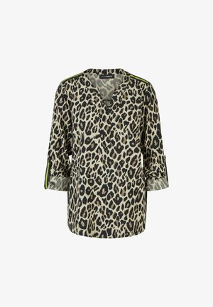 Blouse met lange mouwen met luipaardprint, opgerolde mouwen, V-halslijn en groene strepen op de schouders.