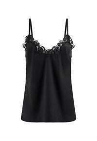 Camisole en satin noir avec des bretelles spaghetti réglables, ornée d'une dentelle au niveau du col, texture lisse et coupe décontractée.
