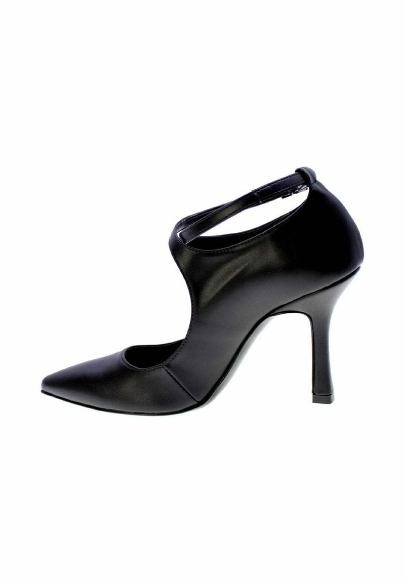 Scarpa nera con tacco alto realizzata in pelle liscia, con punta affusolata, design a ritaglio e cinturino alla caviglia. Tacco sottile e affusolato.
