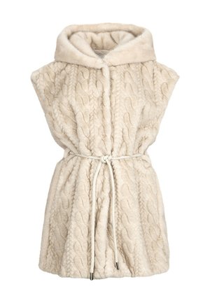Gilet color crema in tessuto lavorato a trecce, in pile, con cappuccio. Presenta una vita arricciata con coulisse e tessuto testurizzato per il calore.