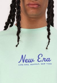Lys grøn bomulds t-shirt med blå kursiv tekst, der står "New Era" med "LAKE ERIE, BUFFALO, NEW YORK" nedenunder.