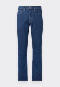 Tumši zili džinsa bikses ar taisnu kājas dizainu, priekšējām kabatām un šuvju rotājumiem. Standarta jostasvieta un pogas aizdare. Bez izšuvumiem.