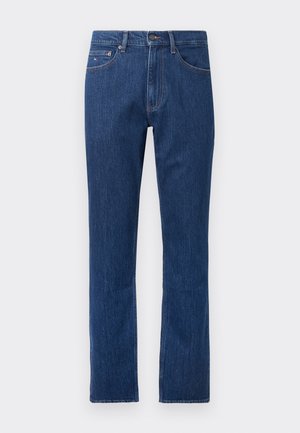 Pantalones vaqueros de mezclilla azul oscuro con diseño de pierna recta, bolsillos delanteros y detalles de costura. Cintura estándar y cierre con botón. Sin adornos.