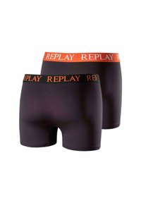 Boxershorts i mörk lila tyg med elastiska midjeband; ett band har svart med orange "REPLAY"-logotyp, det andra har vit logotyp.