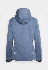 Blaue, strukturierte Kapuzenjacke mit tailliertem Schnitt. Verfügt über Seitentaschen mit weißen Reißverschlüssen und dezente Nahtdetails an den Schultern.