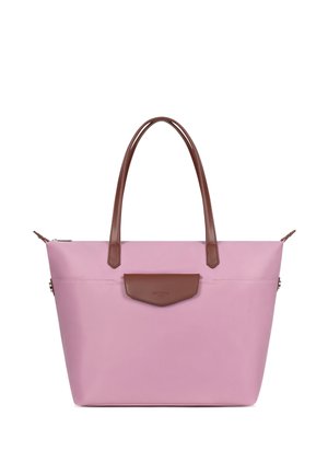 Grande borsa a spalla rosa con manici marroni e una tasca frontale con patta in pelle marrone, mostrata su uno sfondo bianco.