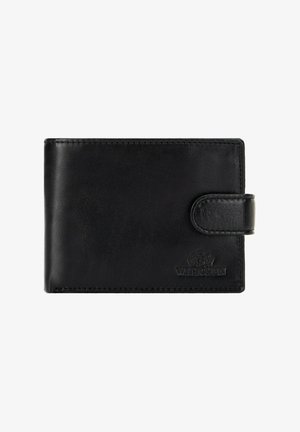 Czarny skórzany portfel o gładkiej teksturze, prostokątnym kształcie i zapięciu na zatrzask. Posiada wytłoczone logo na przodzie.