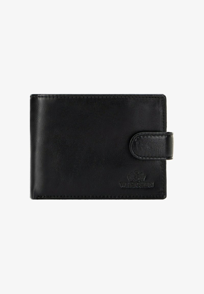 Cartera de cuero negro con una textura suave, forma rectangular y cierre a presión. Presenta un logotipo en relieve en la parte frontal.