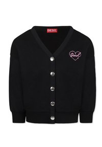 Cardigan nero con scollatura a V, chiusura frontale con bottoni argentati e logo a cuore ricamato rosa. Presenta polsini e orlo a coste. Realizzato in tessuto morbido.