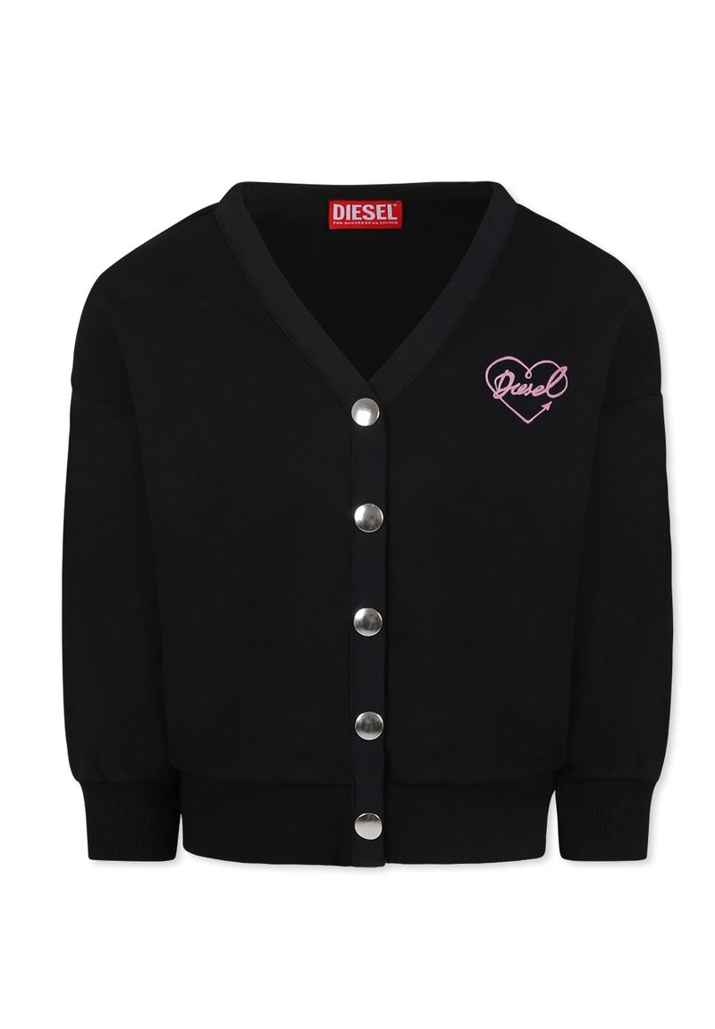 Cardigan nero con scollatura a V, chiusura frontale con bottoni argentati e logo a cuore ricamato rosa. Presenta polsini e orlo a coste. Realizzato in tessuto morbido.