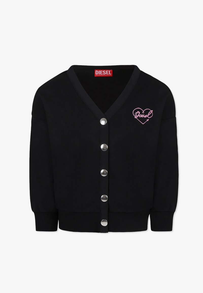 Cardigan nero con scollatura a V, chiusura frontale con bottoni argentati e logo a cuore ricamato rosa. Presenta polsini e orlo a coste. Realizzato in tessuto morbido.