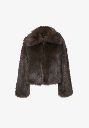 Bruine nepbont jas met een dikke kraag, cropped ontwerp, lange mouwen en een ritssluiting aan de voorkant. Zachte textuur met een volumineus uiterlijk.