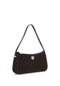 Μαύρη δερμάτινη τσάντα ώμου με χρυστό φερμουάρ και χρυσό έμβλημα λογότυπου μπροστά, με μία λεπτή ιμάντα.