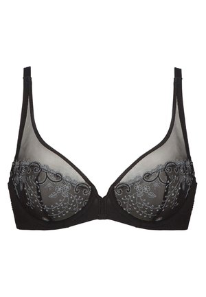 Black bra with sheer mesh panels, detailed with gray floral embroidery along the cups, and adjustable straps for fit.