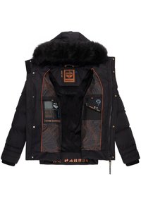 Svart isolerad parkas med huva i konstpäls, med oranga accenter, flera inre fickor och en logotagg på den inre foder.