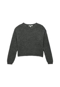 Grauer, gerippter Strickpullover mit langen Ärmeln und rundem Halsausschnitt. Hat ein gekürztes Design. Der Stoff wirkt weich und strukturiert.